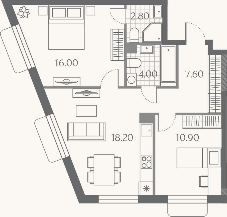 Планировка: 3-к, 59,5 м²