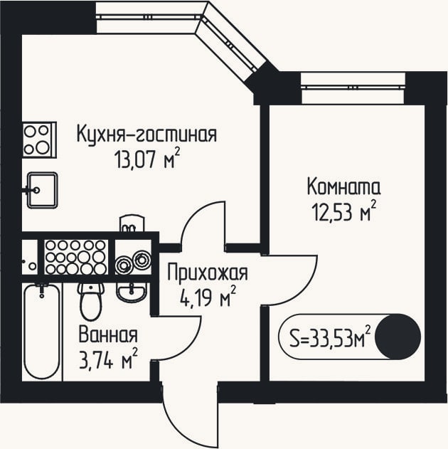 Планировка: 1-к, 33,5 м²