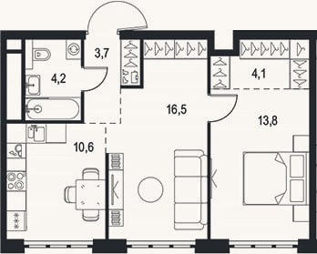 Планировка: 2-к, 52,9 м²