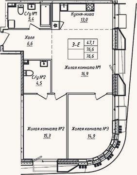 Планировка: 3-к, 76,6 м²