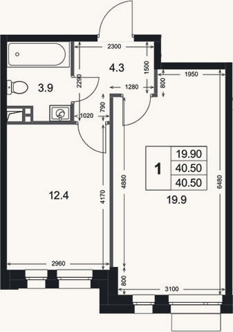 Планировка: 1-к, 40,5 м²