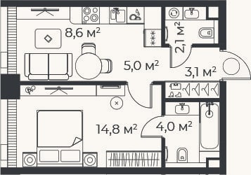 Планировка: 2-к, 37,6 м²