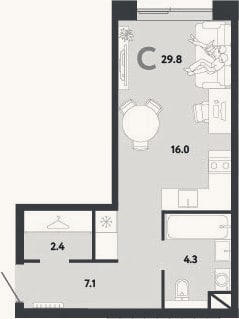 Планировка: Студия, 29,8 м²