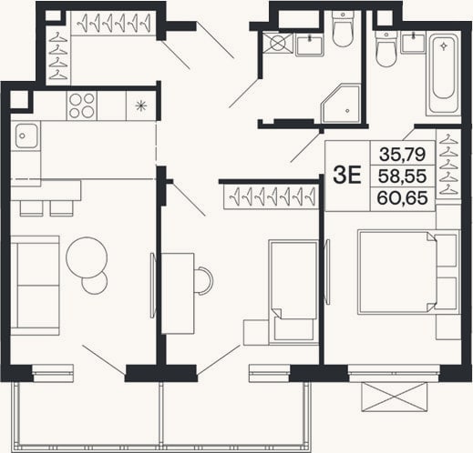 Планировка: 3-к, 58,6 м²