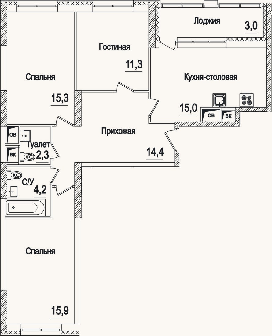 Планировка: 4+ к, 78,4 м²