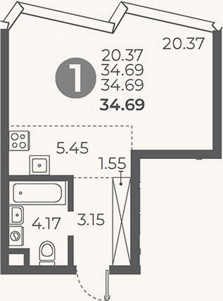 Планировка: Студия, 34,7 м²