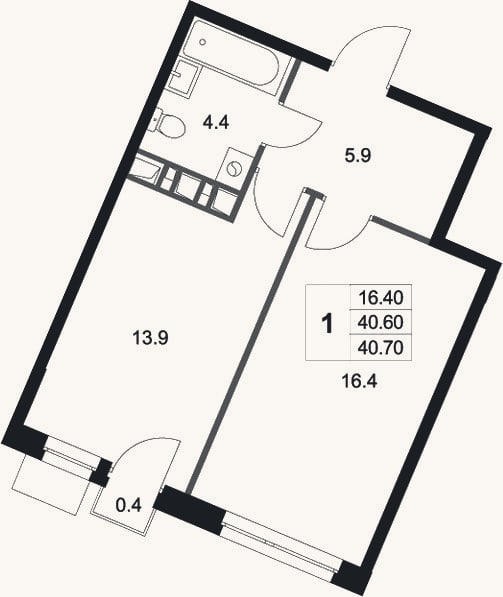 Планировка: 1-к, 40,6 м²