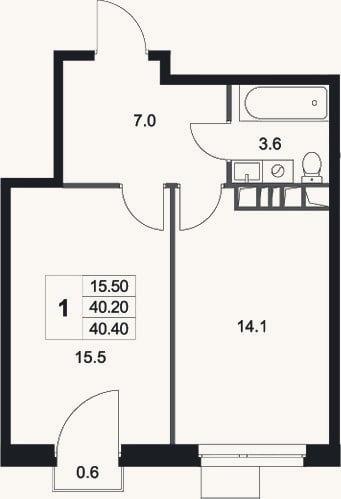 Планировка: 1-к, 40,2 м²