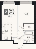 Планировка: 2-к, 47,3 м²
