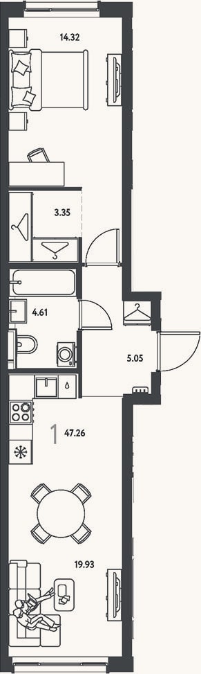 Планировка: 1-к, 47,3 м²