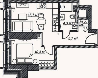 Планировка: 2-к, 36,1 м²