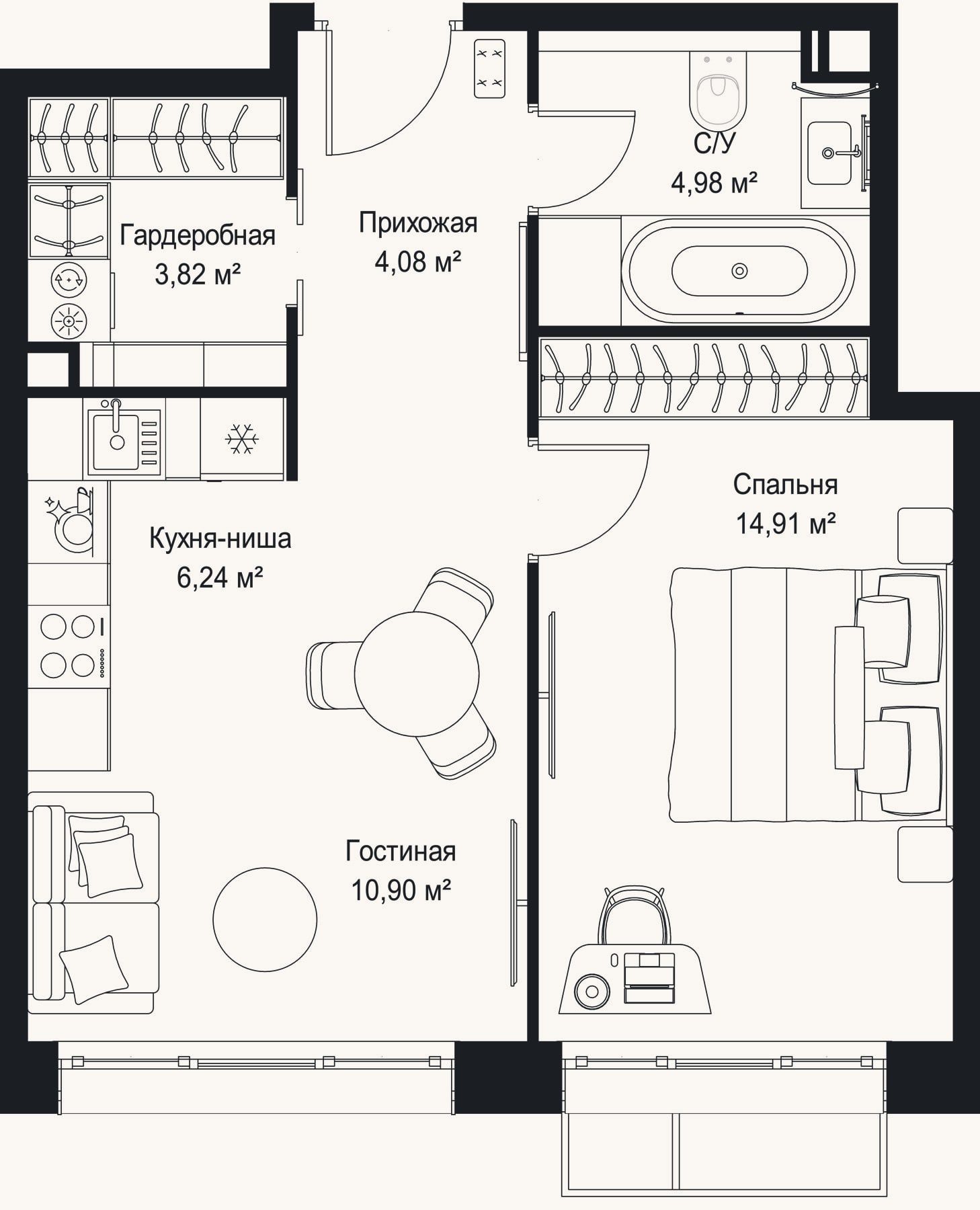 Планировка: 2-к, 44,9 м²