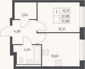 Планировка: 1-к, 32,9 м²