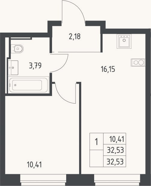 Планировка: 2-к, 32,5 м²