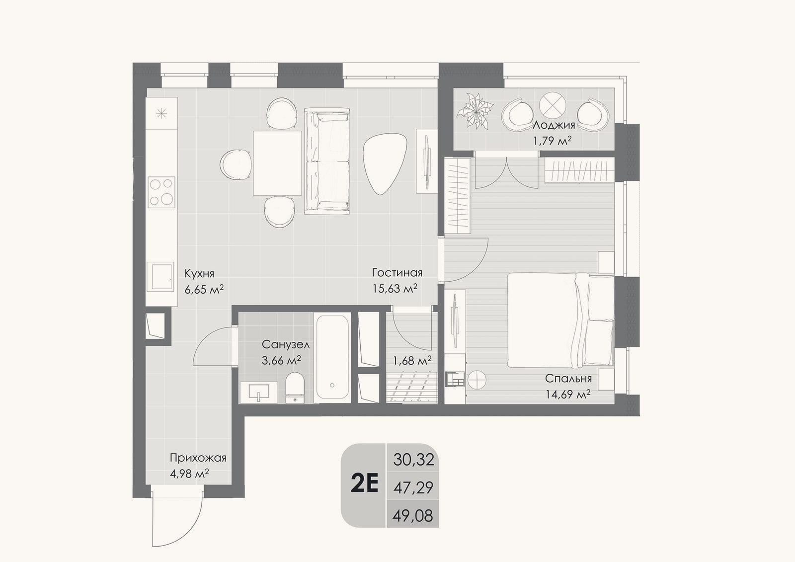 Планировка: 2-к, 47,3 м²