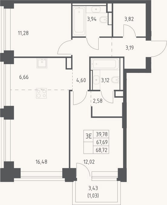 Планировка: 3-к, 67,7 м²