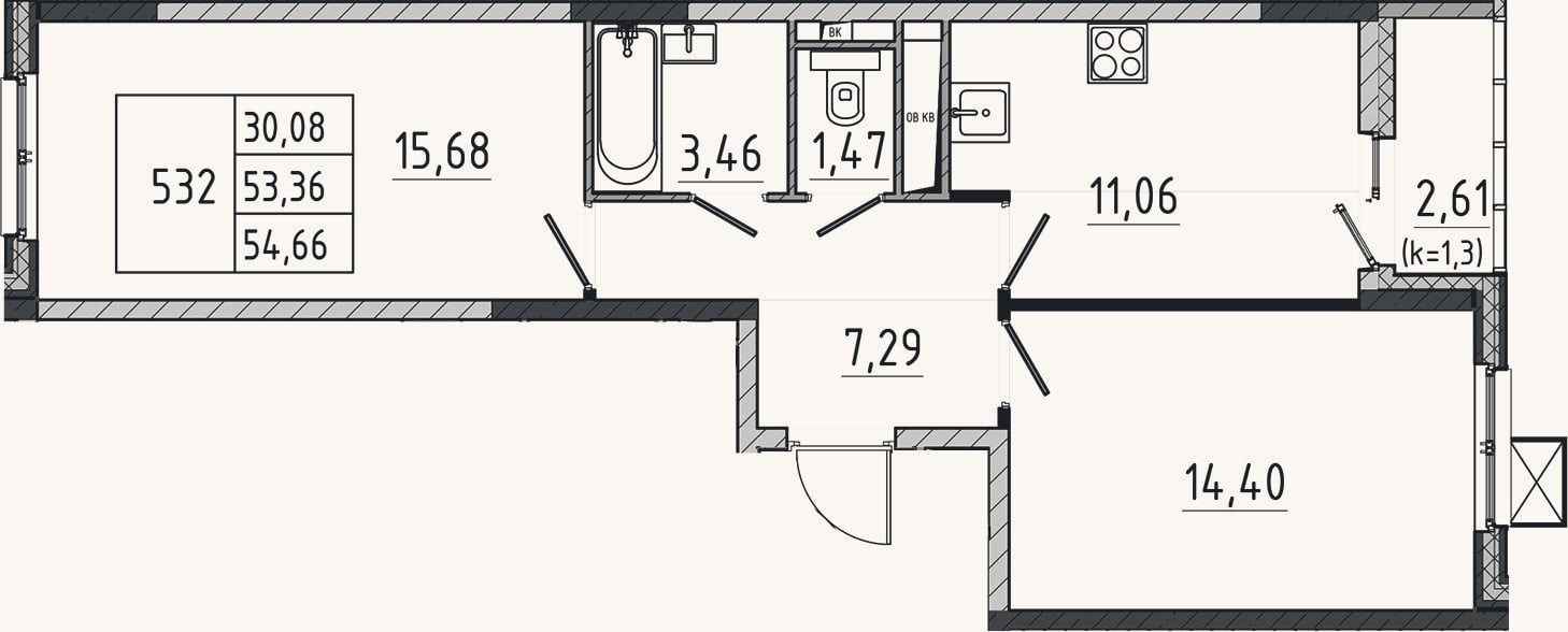 Планировка: 2-к, 53,4 м²
