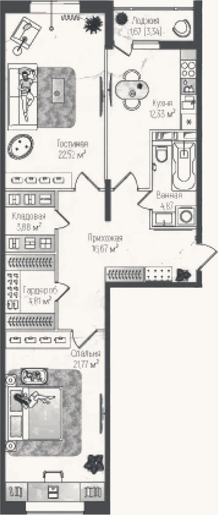 Планировка: 2-к, 86,9 м²