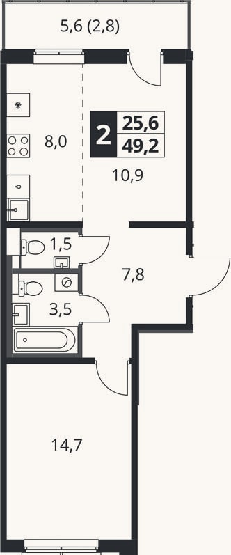 Планировка: 2-к, 46,4 м²