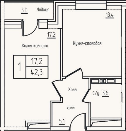 Планировка: 2-к, 39,3 м²