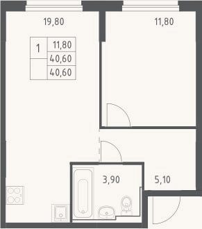 Планировка: 2-к, 40,6 м²