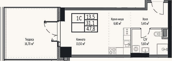 Планировка: Студия, 31,1 м²
