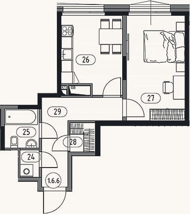 Планировка: 1-к, 44,6 м²