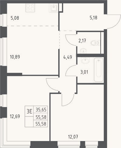Планировка: 3-к, 55,6 м²