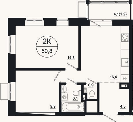 Планировка: 2-к, 49,6 м²