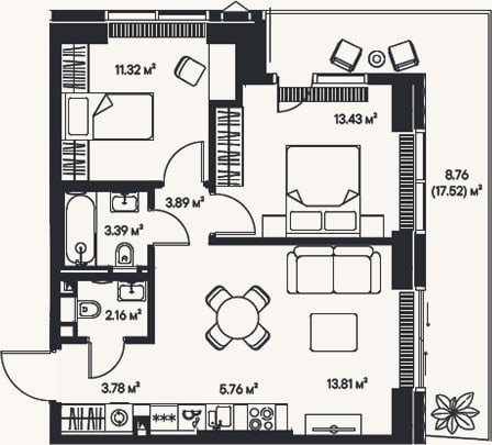 Планировка: 3-к, 57,5 м²