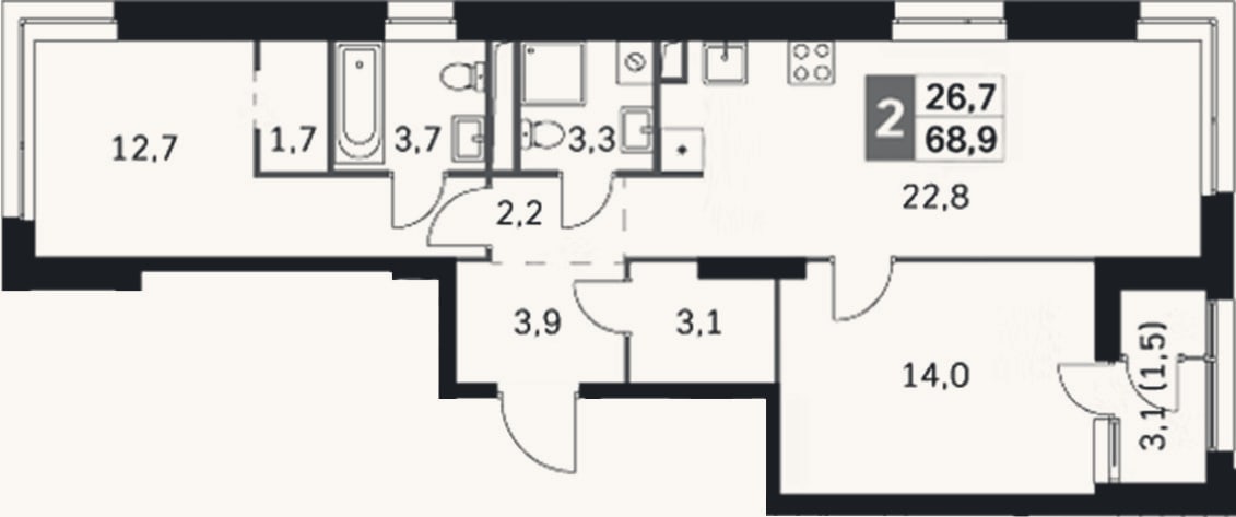 Планировка: 3-к, 67,4 м²