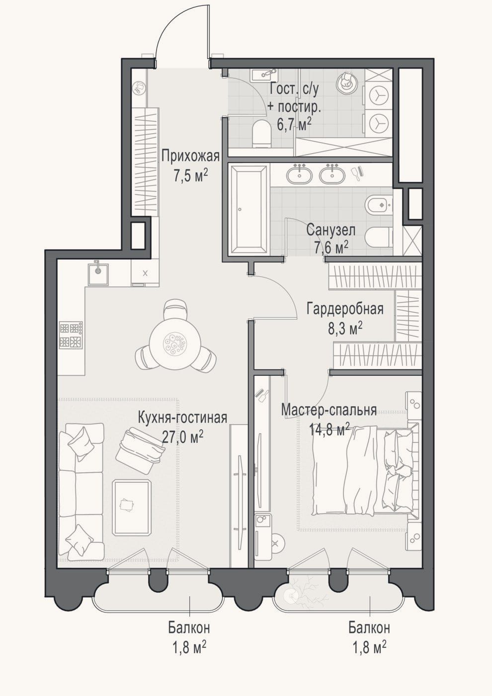 Планировка: 2-к, 73,1 м²