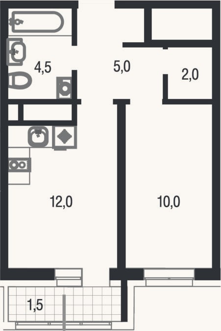 Планировка: 1-к, 33,5 м²