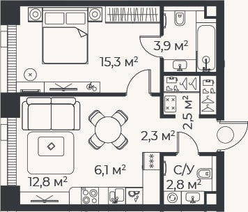Планировка: 2-к, 45,8 м²