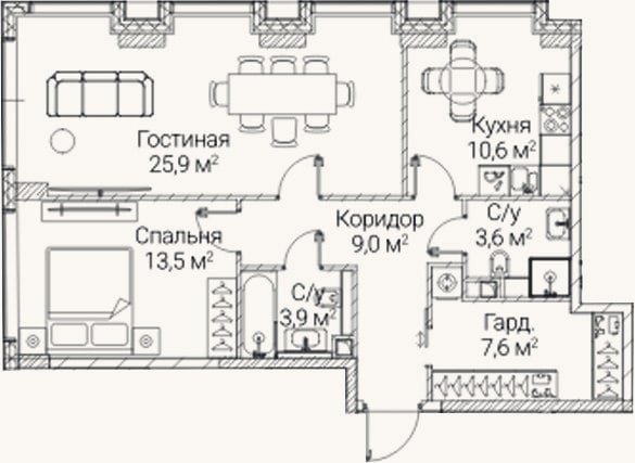 Планировка: 2-к, 74,1 м²