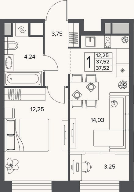 Планировка: 1-к, 37,5 м²