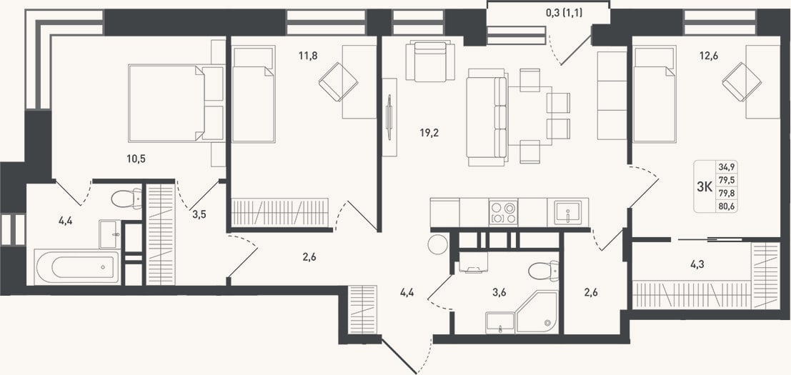 Планировка: 3-к, 84,1 м²