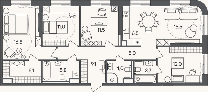 Планировка: 4+ к, 107,7 м²