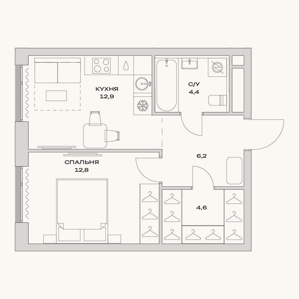 Планировка: 1-к, 40,9 м²