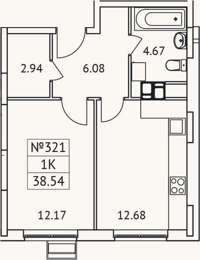 Планировка: 1-к, 38,5 м²
