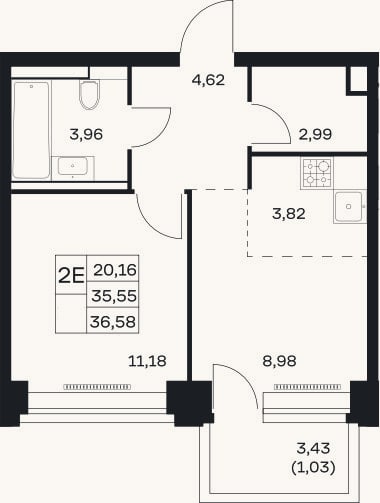 Планировка: 2-к, 35,6 м²
