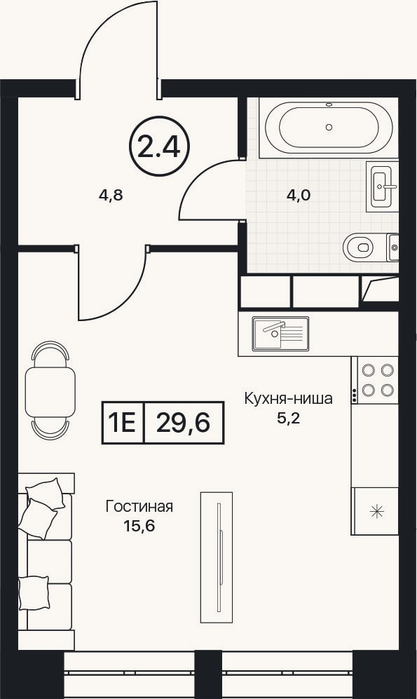 Планировка: Студия, 29,6 м²