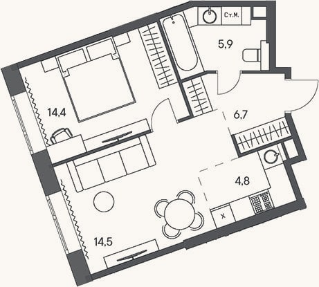 Планировка: 2-к, 46,3 м²