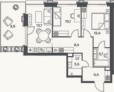 Планировка: 3-к, 57,2 м²
