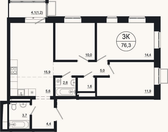 Планировка: 4+ к, 75,1 м²