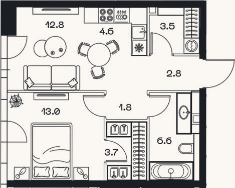 Планировка: 2-к, 48,8 м²