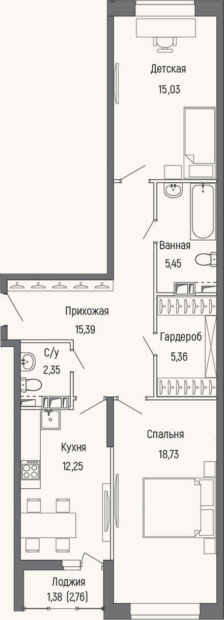 Планировка: 2-к, 73,2 м²