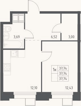 Планировка: 1-к, 37,7 м²