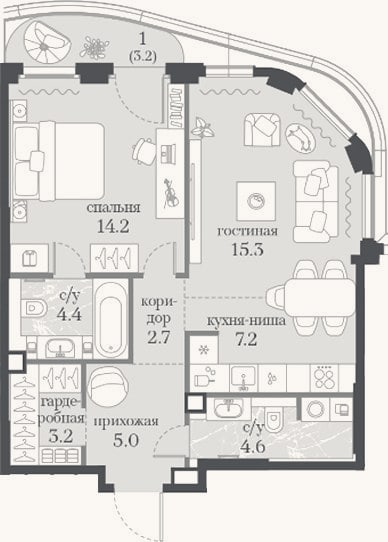 Планировка: 1-к, 56,6 м²