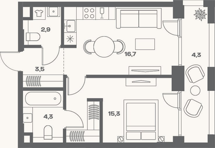 Планировка: 2-к, 42,7 м²